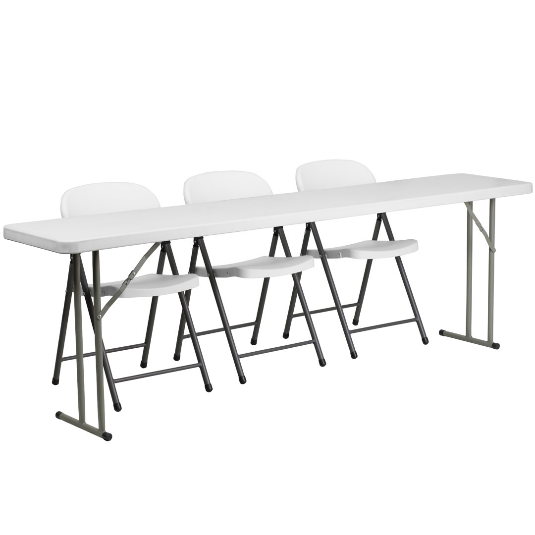 Parker 18" x 96" Plastic Folding Training Table Set w/ 3 White Plastic Folding Chairs Flash Furniture