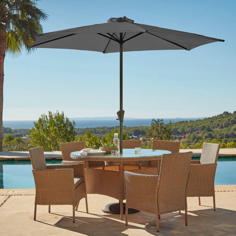 Dubose 6 - Person 130 Long & Parasol, Natural Brown + Premium 2.7m Round Parasol, Grey