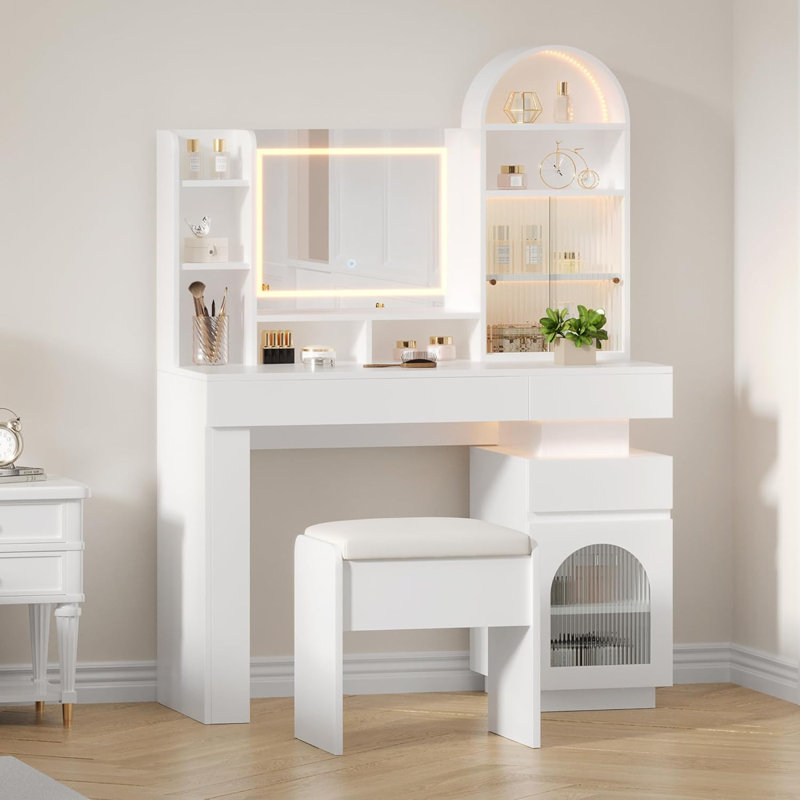 Bureau de coiffeuse avec miroir éclairé, coiffeuse de maquillage avec 3 tiroirs de rangement et 11 tablettes