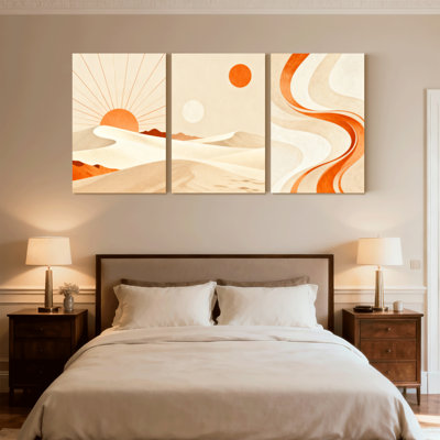 Abstract Sunset Dunes Waves Desert Landscape Art Print Set of 3 Canvas Wall Art Prints