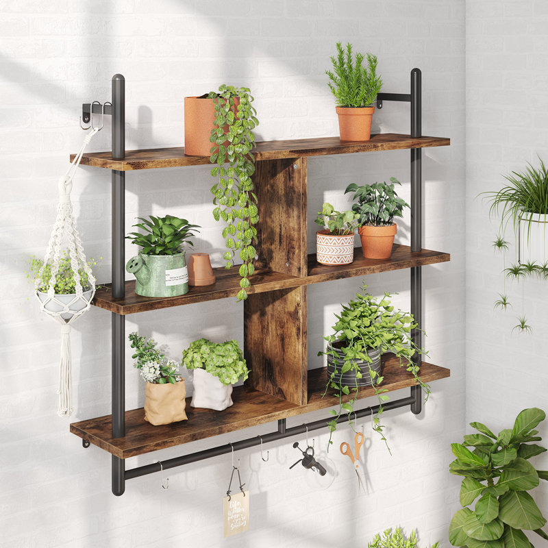 Kitchen Shelves Wall Mounted Floating Shelving,3 Tier 41.5" Coffee Bar Shelf with Holder,For Kitchen, Rustic Brown
