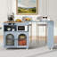 Îlot de cuisine roulant avec table allongée, îlot de cuisine sur roulettes avec lumières DEL, prises de courant et 2 portes en verre cannelé, îlot de cuisine avec compartiment de rangement et 3 tablettes ouvertes latérales, gris-990835257