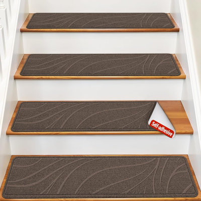 Tapis d'escalier pour marches en bois, antidérapants grâce à leur envers en TPE, lavables et réutilisables, ensemble de 15 (20 x 76 cm), marron.