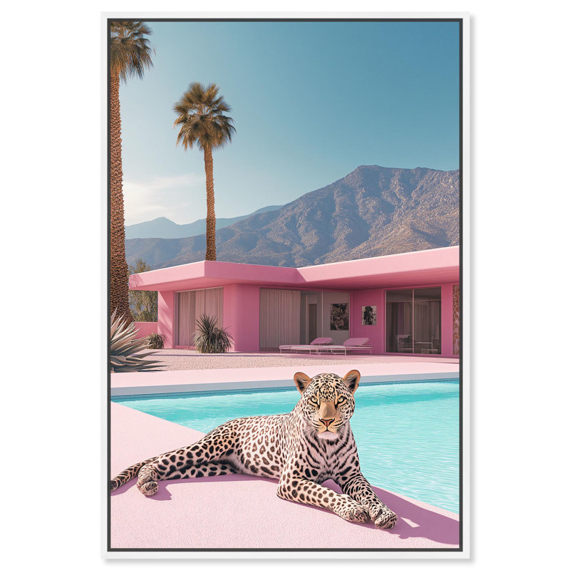 Art Remedy, toile d'art moderne tigre, maison rose léopard, H 55 po x l 37 po, Cadre flottant blanc