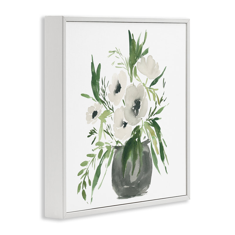 Giclée arrondie avec anémones blanches, design par Lucille Price, H 17 po x l 17 po, Giclée encadrée blanc bord de mer