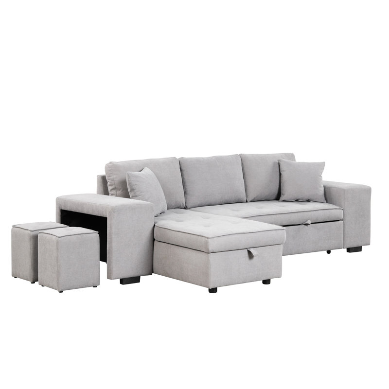Gray Sleeper Sectional With Storage Chaise And 2 Stools, 104.5" L-Shape Design Bed 104.5", For Living Room Furniture