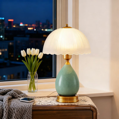 Vintage Table Lamp For Bedroom And Living Room, Ceramic Retro Base With Chinoiserie Green Glass Shade, 16 Inch Traditional Nightstand Lamp For Home Decor