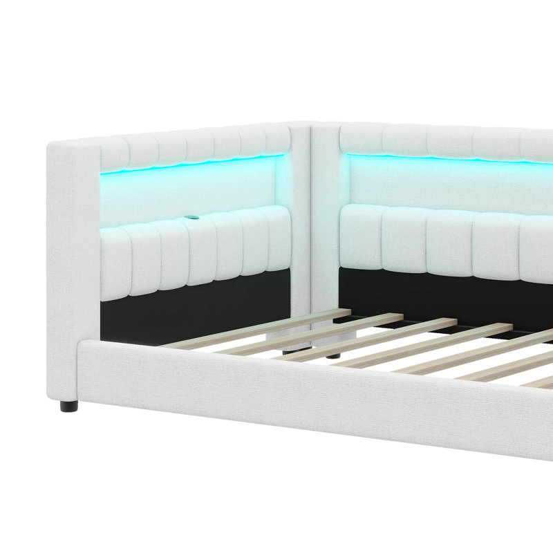 Twin XL Size Upholstered Daybed With Built-In Storage, L-Shaped Design With LED Strip And USB Ports, Linen Fabric Bed Frame