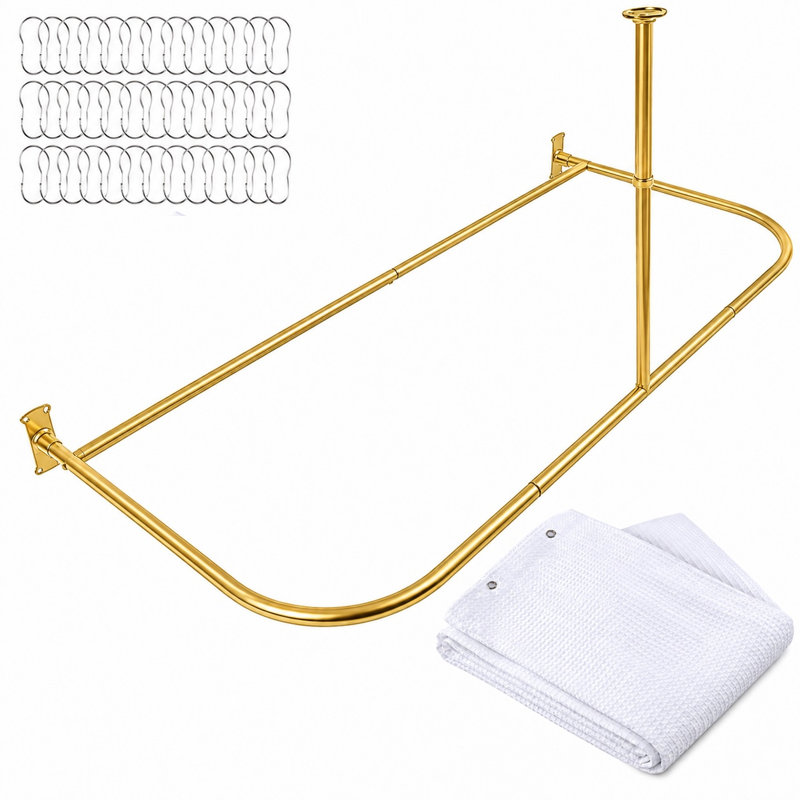 Barre de douche en forme de D pour baignoires îlot, par Utopia Alley : solution complète avec rideau de douche extra-long en tissu et 36 crochets, en aluminium antirouille, 152 cm x 64 cm, couleur or.