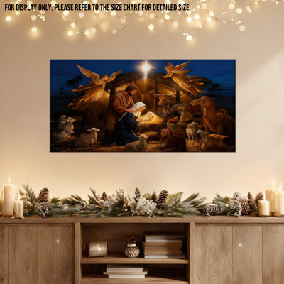 Art mural sur toile de la Nativité - Oh Sainte Nuit, décoration murale, scène de la Nativité, décoration murale pour le salon, reproduction de la Nativité de Noël, reproduction d'art sur toile tendue, 12 po x 24 po