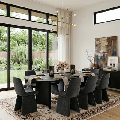 Modern 79" Oval Dining Table Set For 8 With Upholstered Dining Chairs