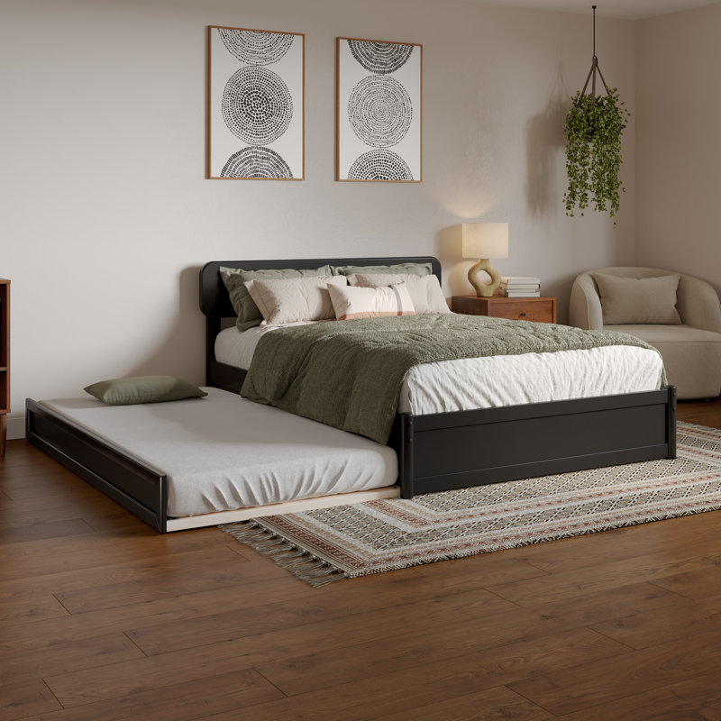 Lit plateforme en bois massif avec lit gigogne assorti Ause, Double, Noir