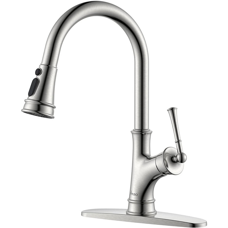 Pull Down Single Handle Kitchen Faucet with Sprayer and Deck Plate, Brushed Nickel