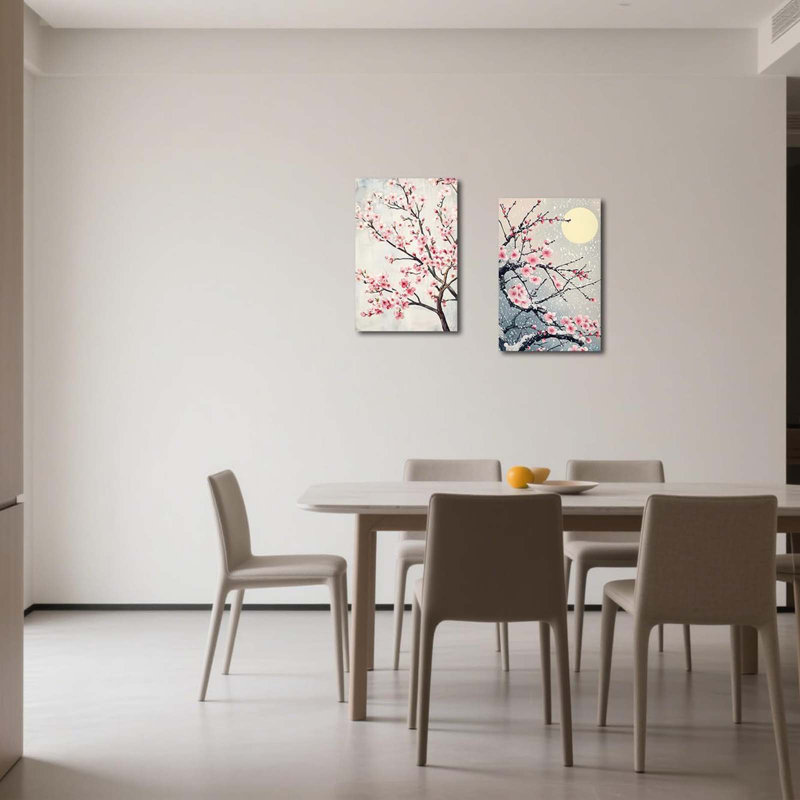 Cherry Picture For Wall Cherry Blossom Tree Canvas Wall Art Japanese Landscape Poster Prints Pink Floral Painting For Bedroom Office Decor Framed (2 Pieces)