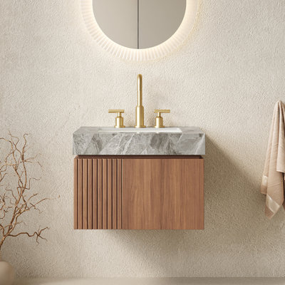 Meuble-lavabo mural 24 po avec comptoir en pierre frittée et lavabo en céramique, pré-assemblé
