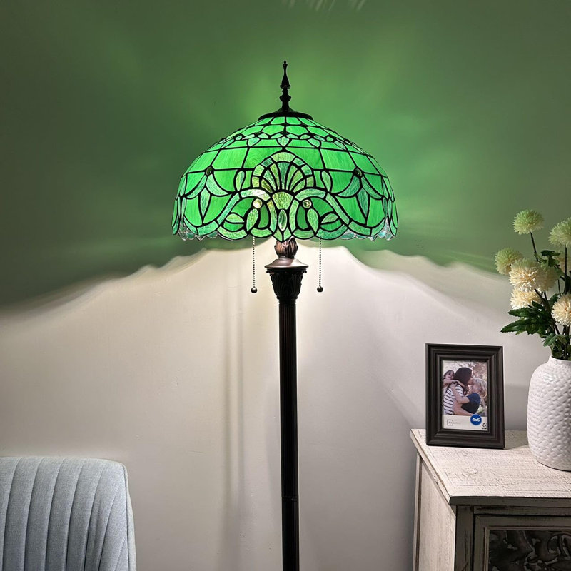 Tiffany Floor Lamp Green Stained Glass Baroque Style Metal Base