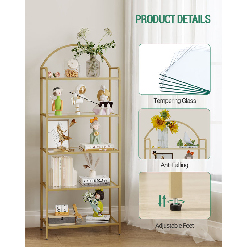 5 Tier/6 Tier Bookcase Bookshelf, Tempered Glass Bookshelves, Slim Shelving Unit for Bedroom, Bathroom, Home Office, Steel Frame 