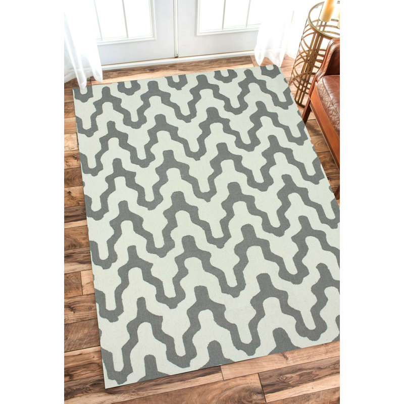 Tapis gris en laine crocheté à la main Adrieana, 7 pi 6 po x 9 pi 6 po