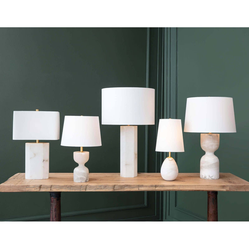 White Alabaster Table Lamp with Linen Shade