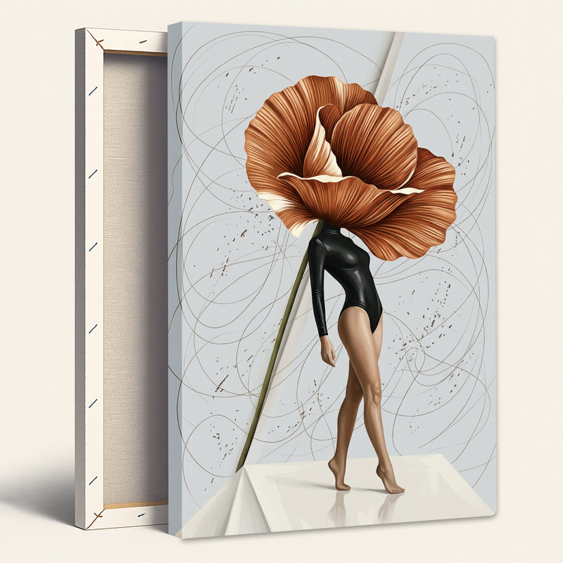 Grande toile murale en cuivre représentant une femme à tête de fleur en body noir, 30"H x 20"W