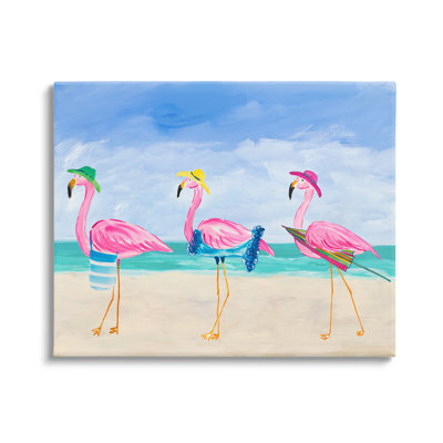 Joli flamant rose, plage, promenade, illustration de la côte par Julie Derice - Peinture