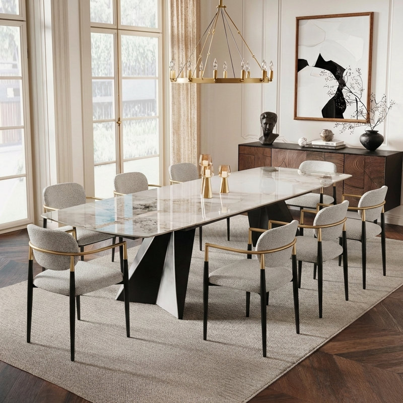 9-Piece Expandable Sintered Stone Dining Set, 78.74"-110.2" Rectangular Table with 8 Armchairs, Complete Dining Room Set for Family Gatherings