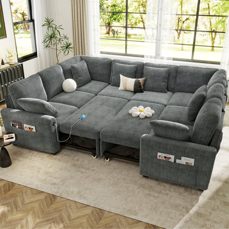 Canapé-lit modulaire en U rembourré en velours côtelé de 110 po avec lit escamotable Macleod, Gris