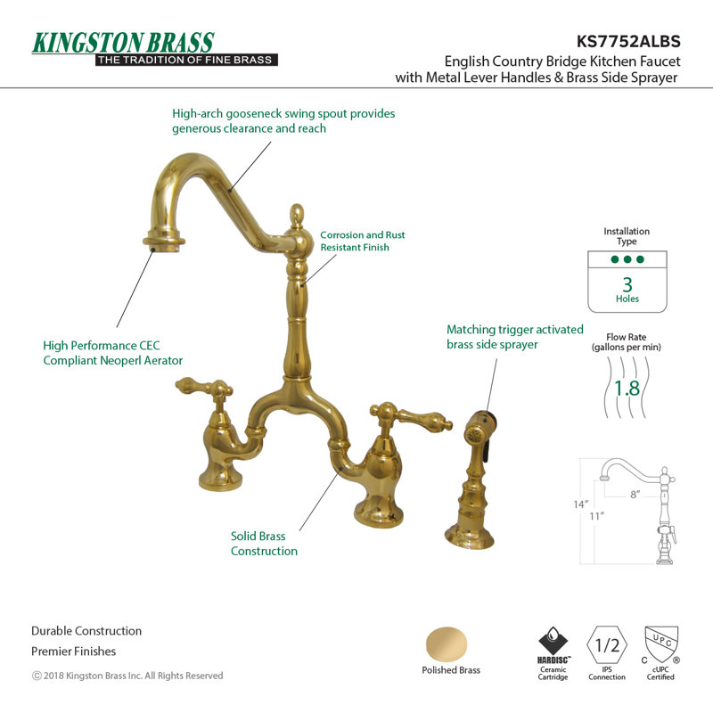 Kingston Brass English Country Two-Handle 3-Hole Deck Mount Bridge Kitchen Faucet with Brass Side Sprayer, Polished Brass