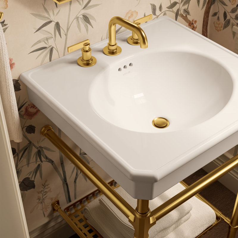 Claude by Studio McGee 24" Rectangular Console Table Bathroom Sink, Dune/Vibrant Brushed Moderne Brass, Widespread Faucet