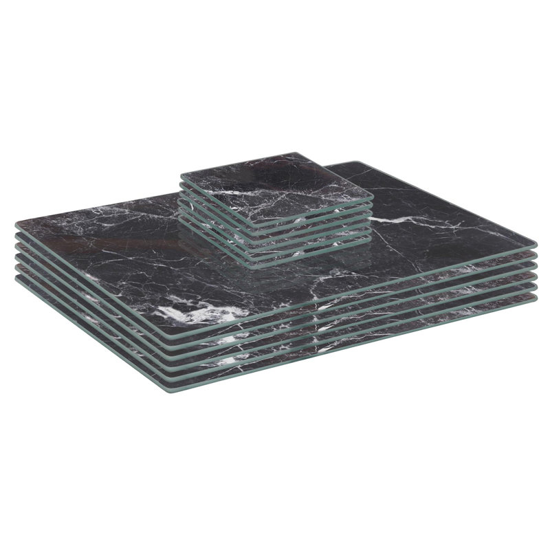 Harbour Housewares - 12pc Glass Placemats & Square Coasters Set, 30cm L x 20cm W, Black