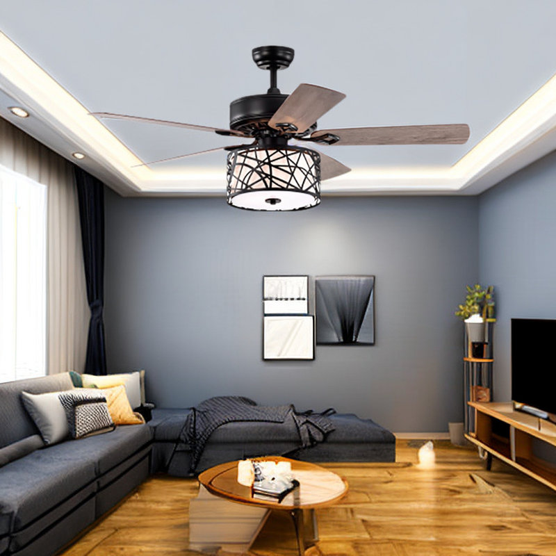 Ventilateur de plafond noir mat 52 pouces avec pales en bois foncé