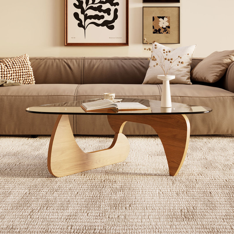 Table basse triangulaire en bois naturel avec plateau en verre trempé de 42,5 po x 28,5 po x 16,1 po pour le salon / la chambre à coucher / le bureau
