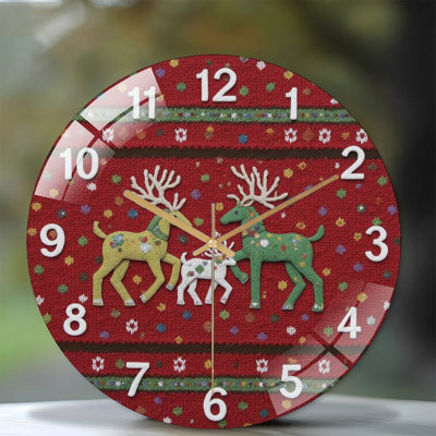 Knitted-Christmas-Reindeer-Clock Art - 12'' Modern Glass Wall Clock