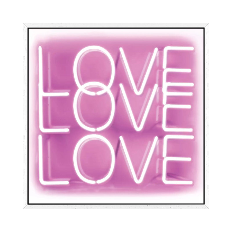 Neon Love Love Love Pink On White by Hailey Carr - Print on Canvas, White Framed, 66.04 cm H x 66.04 cm W
