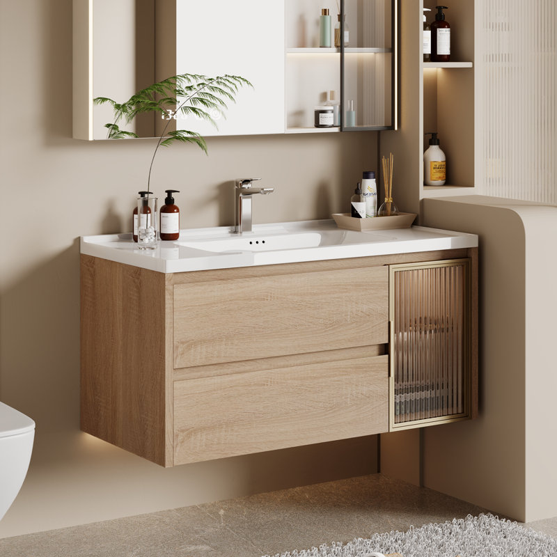 Meuble-lavabo simple 36 po en bois naturel avec plateau en céramique, porte d'armoire visible et drain inclus - Meuble-lavabo