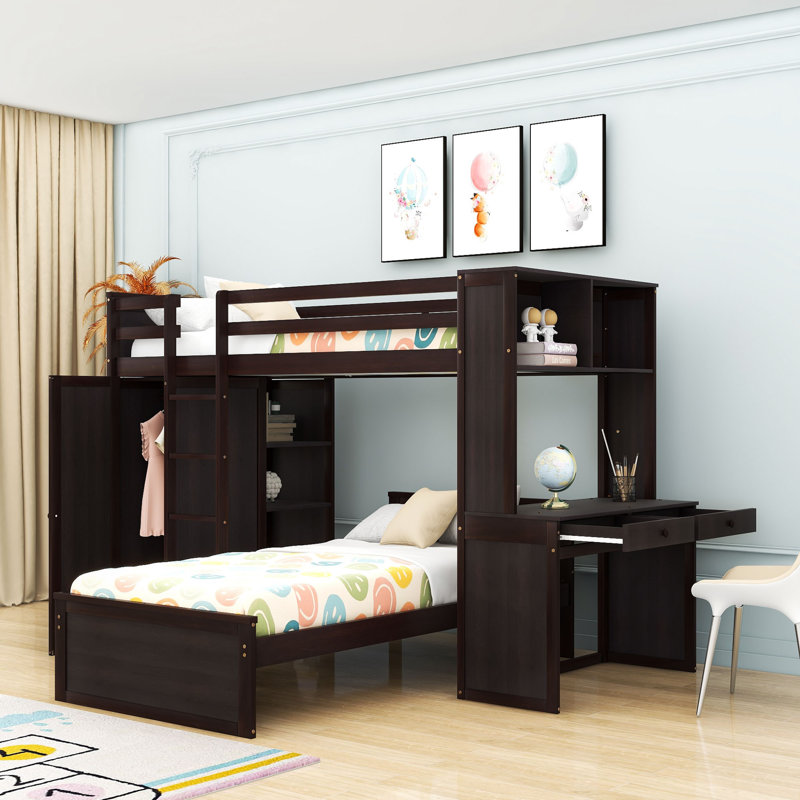 Gulshad Kids Twin Over Twin Bunk Bed with Drawers, Espresso