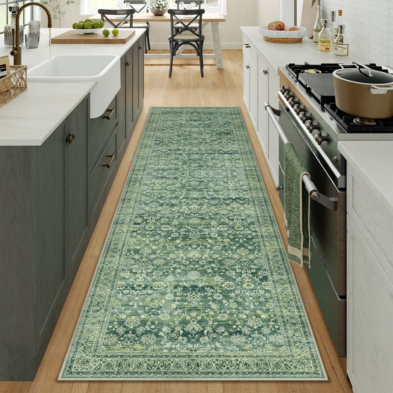 Tapis floral rétro vert, Tapis de couloir 2 pi x 8 pi