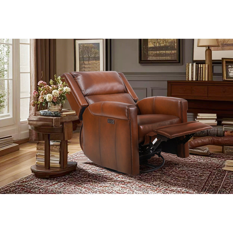 Lazari Genuine Leather Power Recliner – Swivel Glider Chair With Nailhead Trim & Plush Cushioning