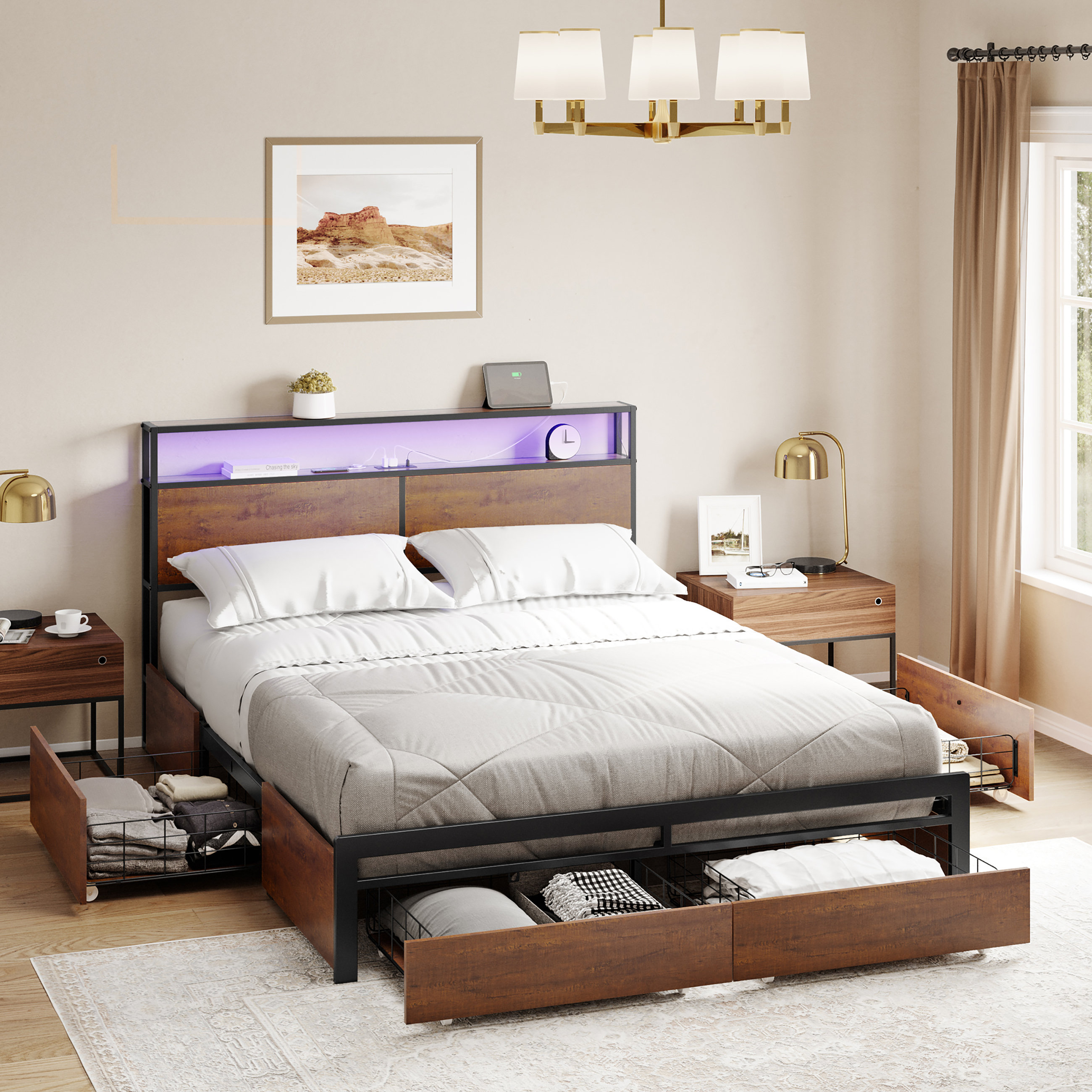 King Bed Frame with 4 Storage Drawers, Platform Bed with Charged
