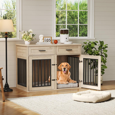 Wooden Dog Crate Furniture with 2 Storage Drawers, Chew-Proof Heavy Duty Pet Kennel End Table Indoor House for Medium and Large Dogs