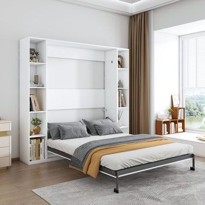 Queen Murphy Wall Bed With Storage Cabinet, 89.7" Fold-Down Design, Solid Wood Support Slats, White