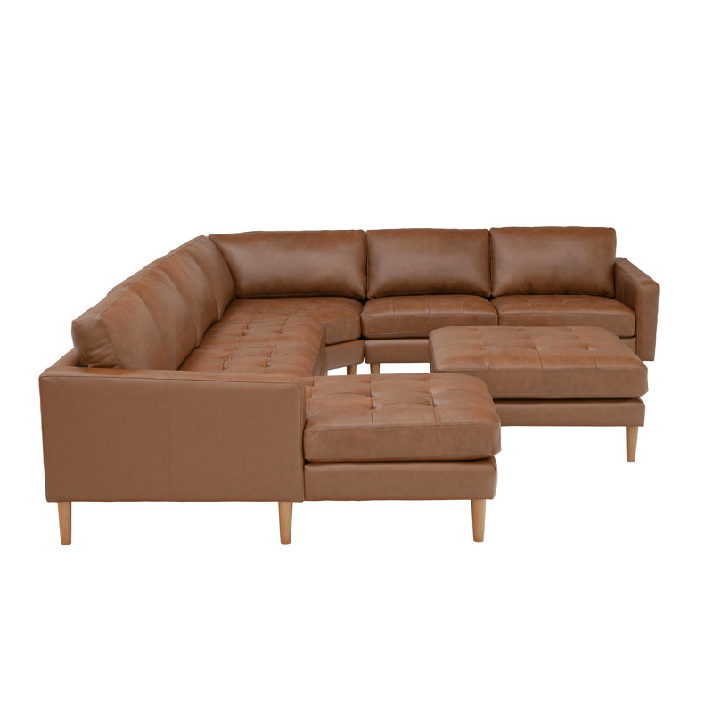 Mentzer Upholstered 142 " Top Grain Leather U-Shaped Corner Sectional with Ottoman, Chesnut Leather Match