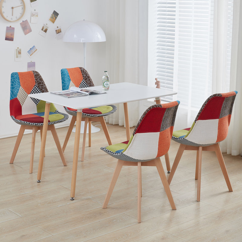 42.5cm H Patchwork Fabric Dining Chair, Retro Style Upholstered Side Chair with Solid Wood Legs, Red/Blue/Green