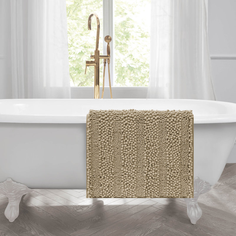 Tan Chenille Non-Slip Bath Mat with TPR Backing