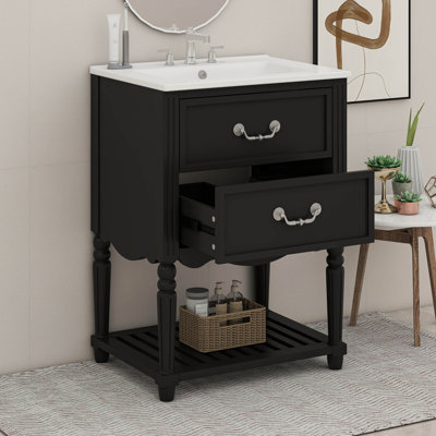 Meuble-lavabo de salle de bain avec lavabo en céramique, armoire de rangement de salle de bain à conception rétro élégante avec deux tiroirs et une tablette inférieure ouverte