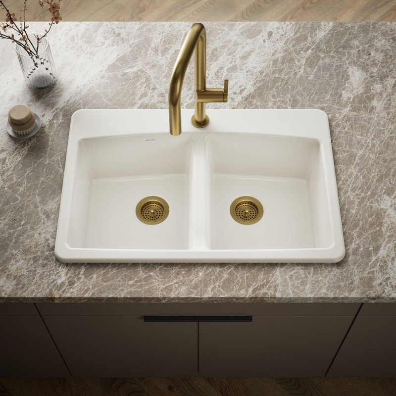 33" L x 22" W x 9-5/8" Top-Mount Double-Equal Kitchen Sink, Biscuit, 1 Hole