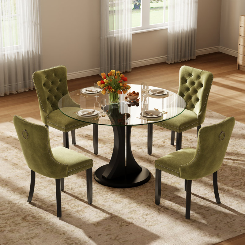 Round Clear Dining Table Set with Tufted Chairs, Mid-Century Modern Dining Room Table Set for Kitchen Breakfast Nook