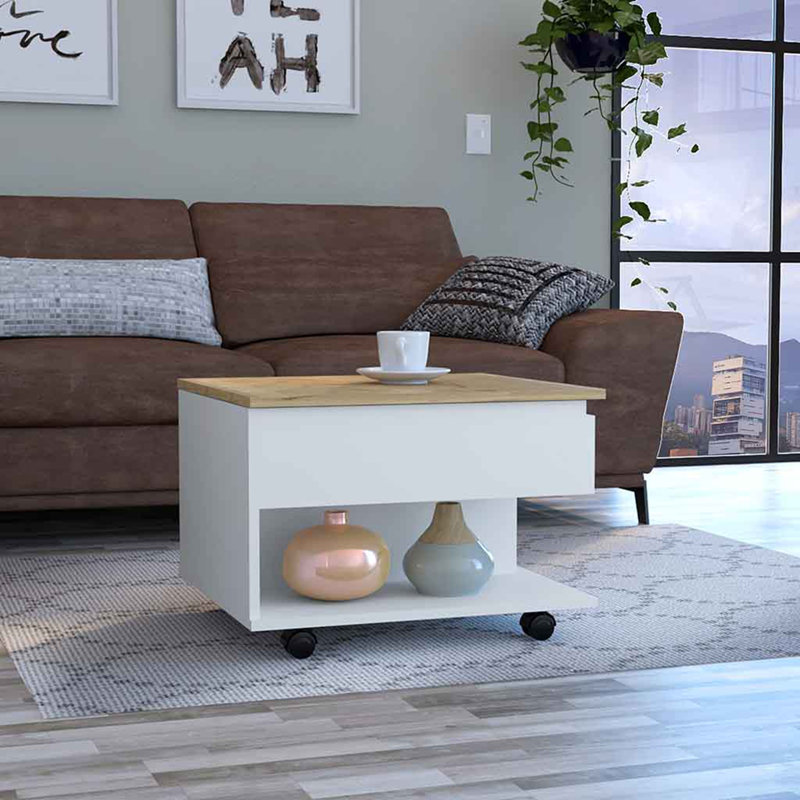 Table basse à plateau relevable Luanda, roulettes, une tablette, Blanc / Brun, H 11,6 po x l 31,4 po x P 21,4 po