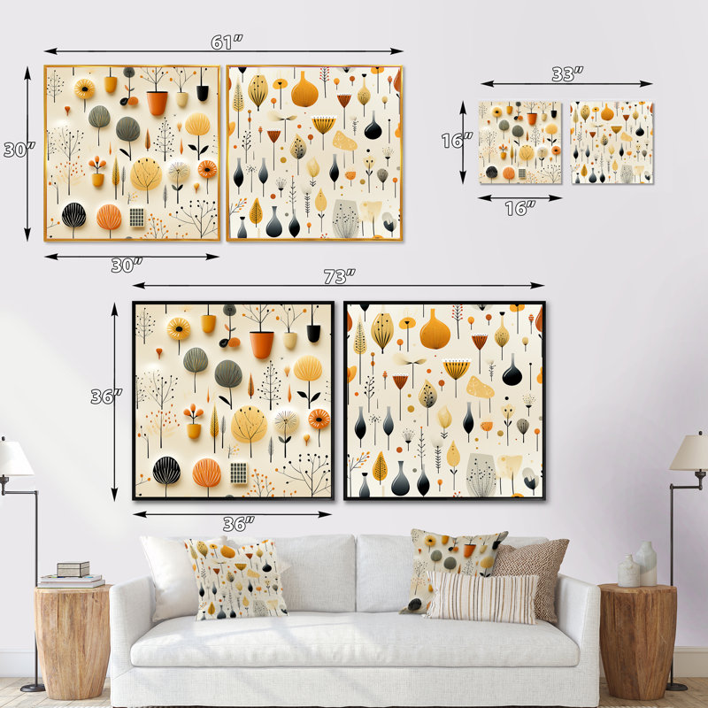 Mcm Minimalist Charm - Abstract Shapes Square Collage Set Of 2, 16" H x 33" W, Black Floater Framed