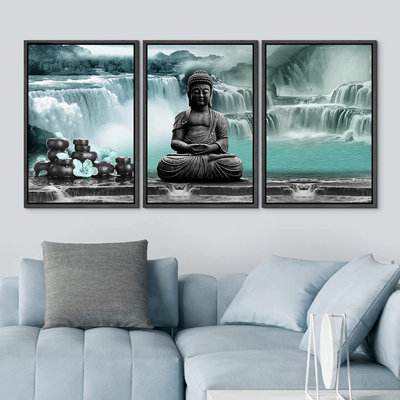 Green Zen Waterfall Buddha Religious Buddhism Calm Pictures 3 Pieces Framed Canvas Print Wall Art